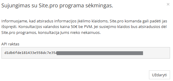 Privataus API rakto peržiūros langas integracijai